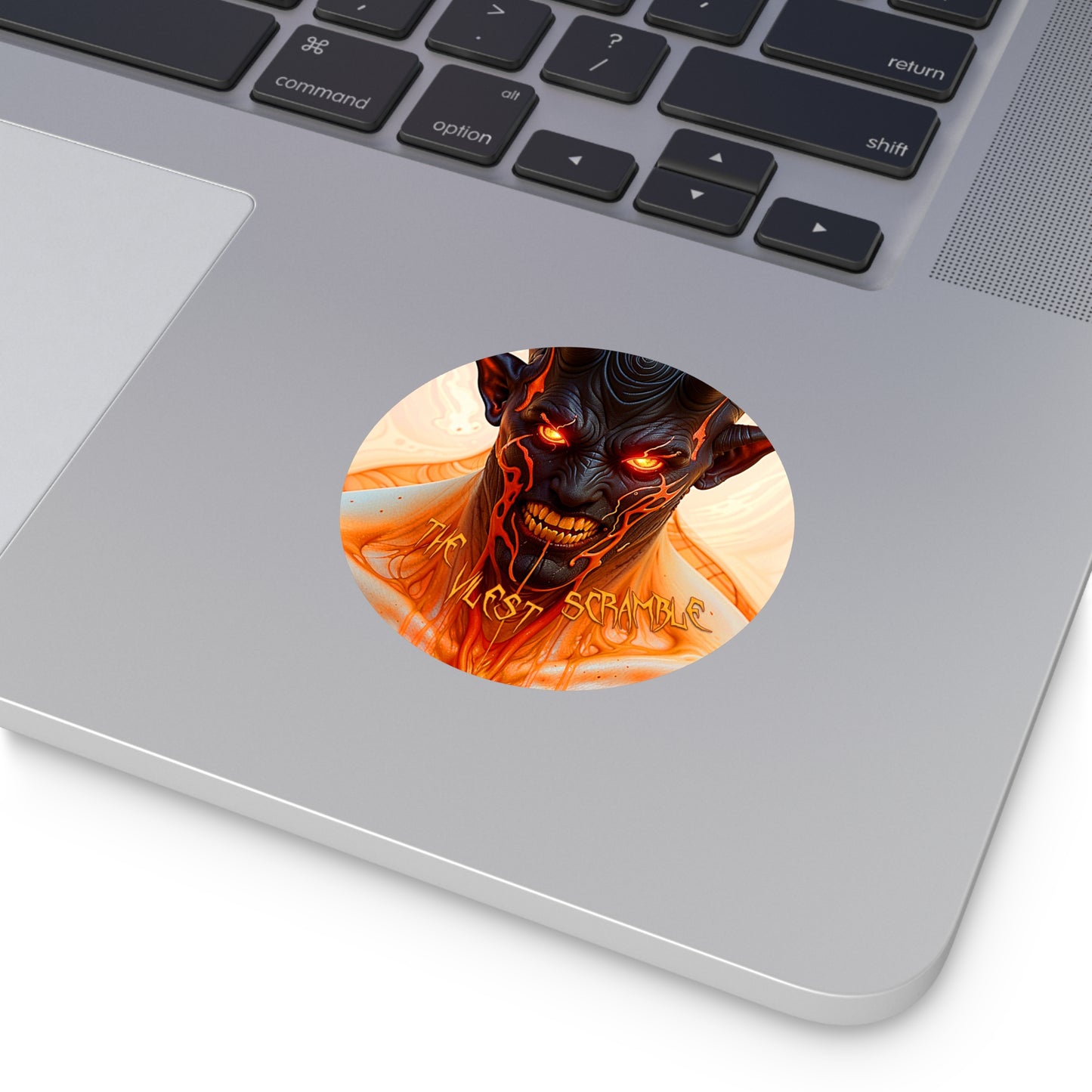 Andras "The Vilest Scramble" Round Vinyl Stickers | Unique Artwork for Halloween & Occasions