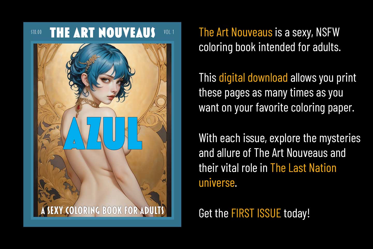 The Art Nouveaus Volume 1- Azul - A Print Yourself Nude Coloring Book for Adults