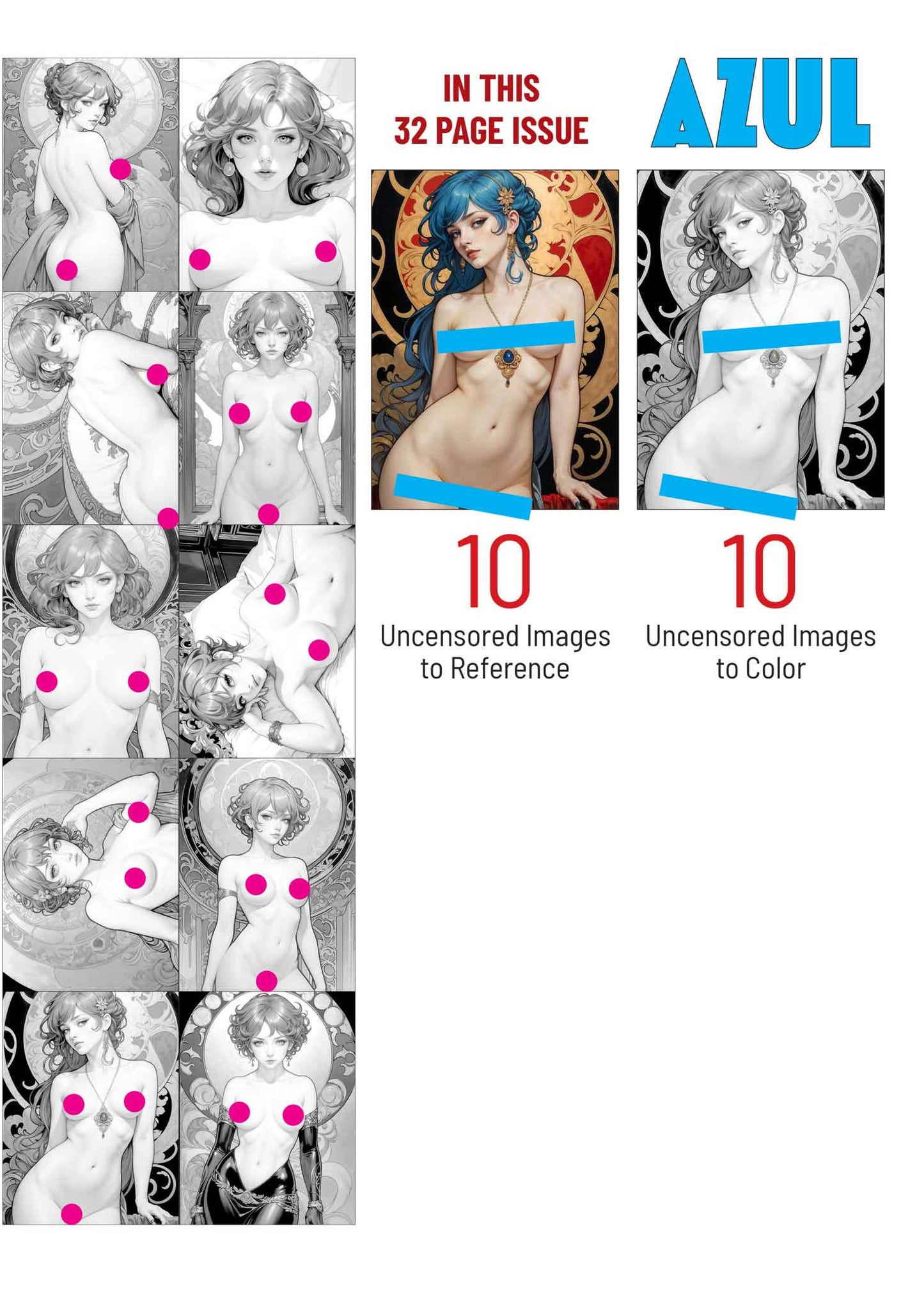 The Art Nouveaus Volume 1- Azul - A Print Yourself Nude Coloring Book for Adults